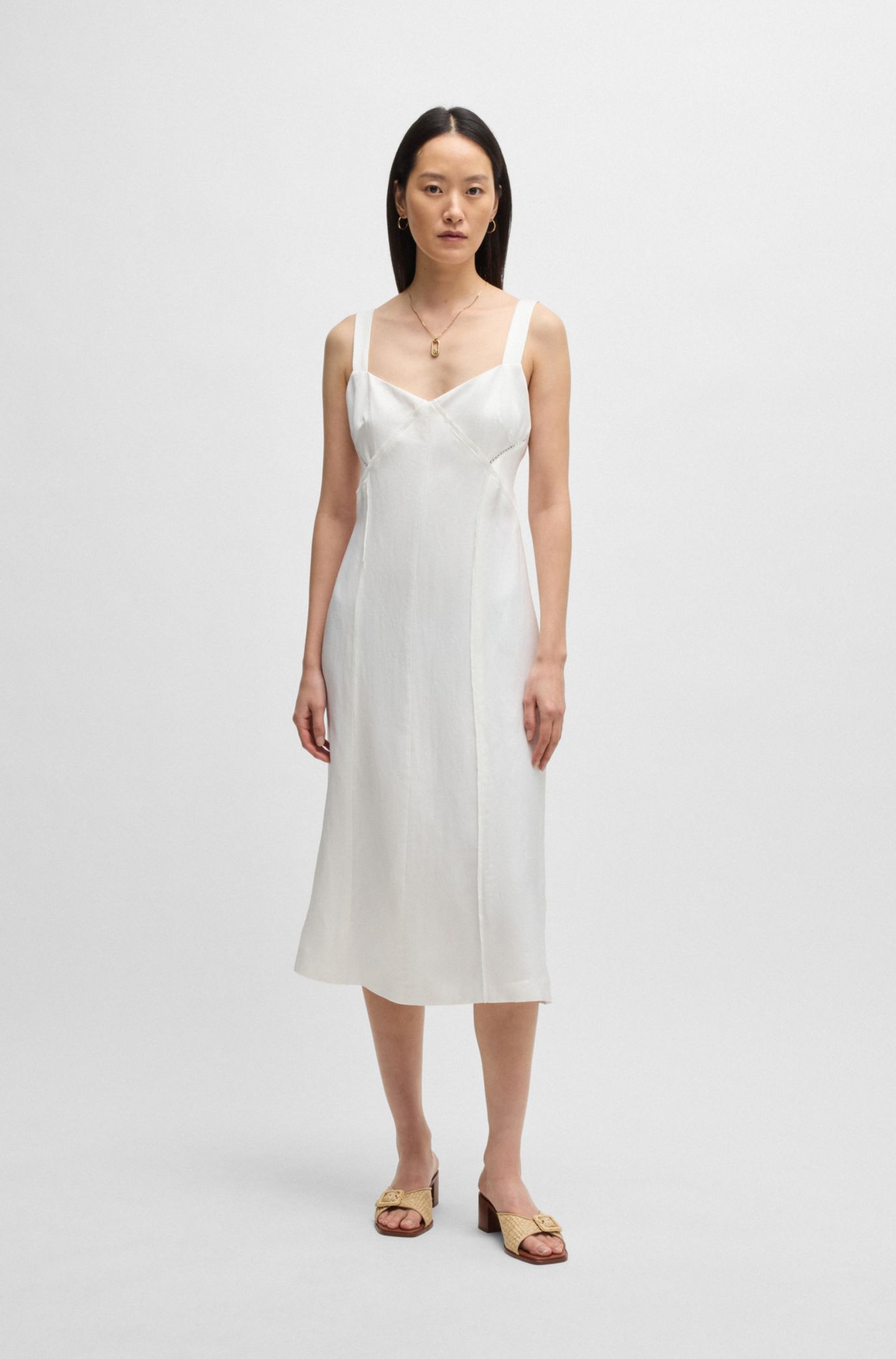 BOSS - Summery dress with wide straps and seaming detail - White
