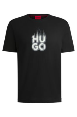 HUGO BOSS｜ (Logo T-Shirt (50519368-054)) HUGO - Cotton-jersey T-shirt with stacked smoke logo - Black