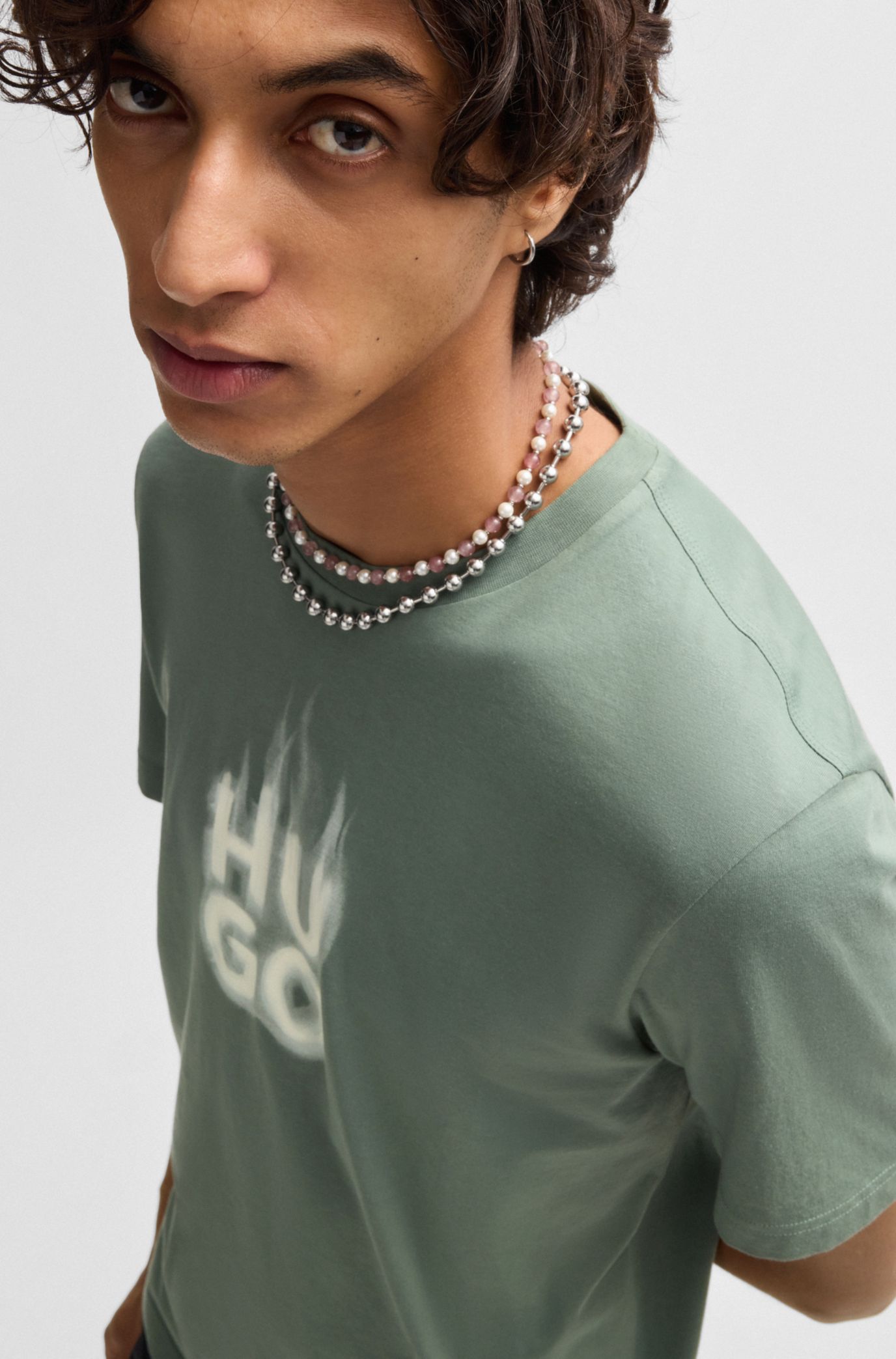 HUGO - Cotton-jersey T-shirt with stacked smoke logo - Light