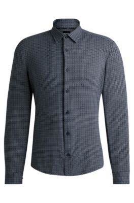 Camisa slim fit en punto t&eacute;cnico el&aacute;stico estampado, Azul oscuro