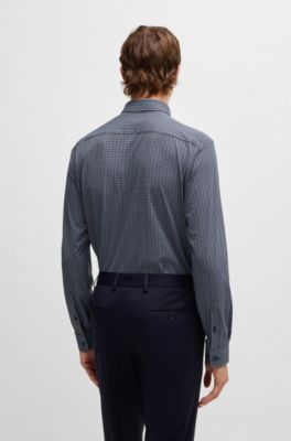 Camisa slim fit en punto t&eacute;cnico el&aacute;stico estampado, Azul oscuro