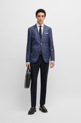 Blazer slim fit a cuadros en lana virgen, seda y lino, Azul