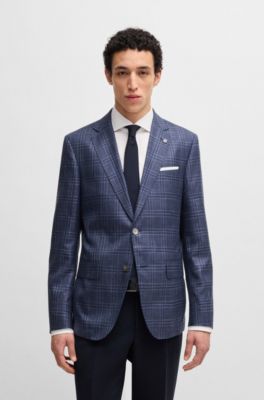 Veste Slim en laine vierge, soie et lin &agrave; carreaux, Bleu