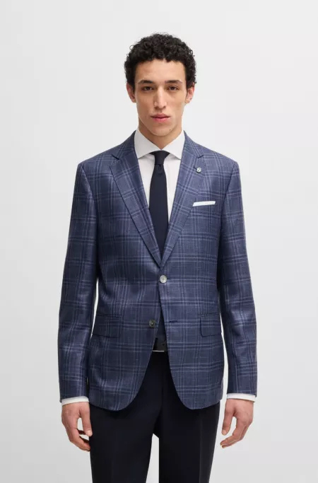 Slim-fit blazer in checked virgin wool, silk and linen