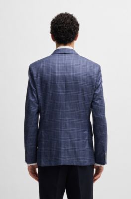 Blazer slim fit a cuadros en lana virgen, seda y lino, Azul