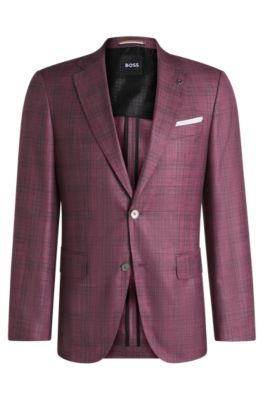 BOSS - Slim-fit blazer in checked virgin wool, silk and linen - Purple