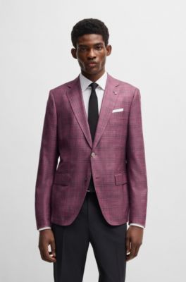 BOSS - Slim-fit blazer in checked virgin wool, silk and linen - Purple