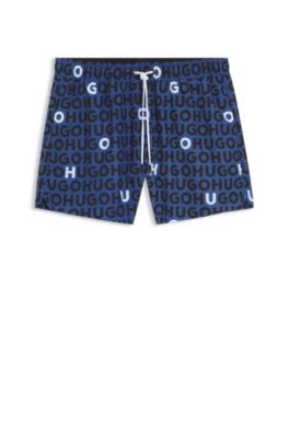Drawcord swim shorts with logo print, Blue