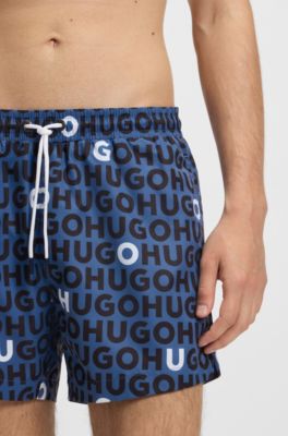 Drawcord swim shorts with logo print, Blue