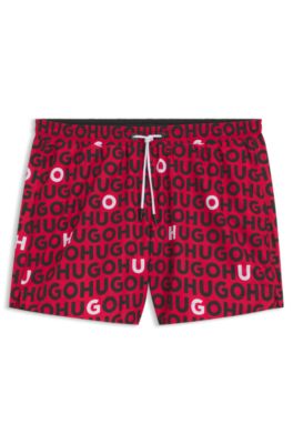 Ba&ntilde;ador tipo shorts con estampado de logos y cord&oacute;n en la cintura, Rojo