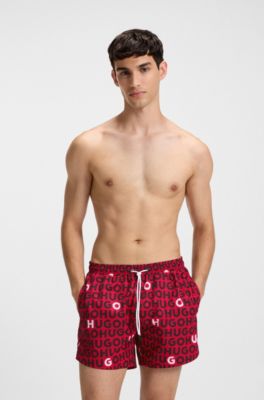 Short de bain &agrave; cordon de serrage et logo imprim&eacute;, Rouge