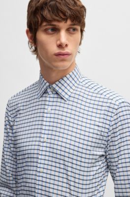 Camisa slim fit de tejido t&eacute;cnico el&aacute;stico a cuadros, Celeste