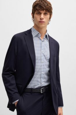 Camisa slim fit de tejido t&eacute;cnico el&aacute;stico a cuadros, Celeste