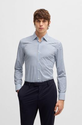 Camisa slim fit de tejido t&eacute;cnico el&aacute;stico a cuadros, Celeste