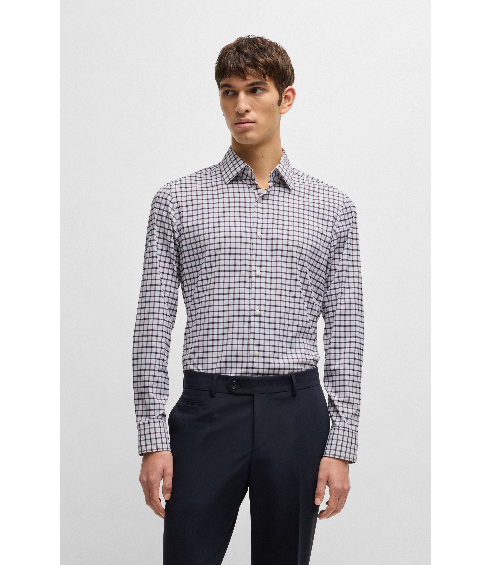 BOSS Slim-fit shirt in checked performance-stretch material Pink