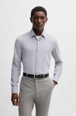 Slim-fit shirt in striped performance-stretch fabric, Grey