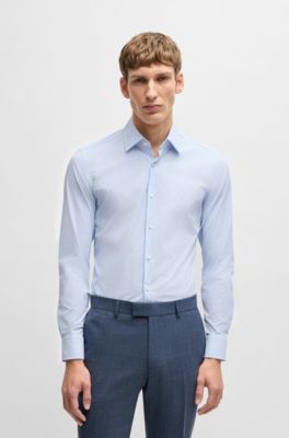 Camisa slim fit de tejido el&aacute;stico t&eacute;cnico a rayas, Celeste