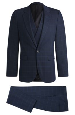 Extra-slim-fit suit in checked performance-stretch cloth, Dark Blue