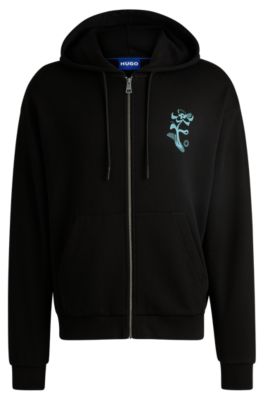 Sweat &agrave; capuche zipp&eacute; en molleton de coton avec motif artistique de la saison, Noir