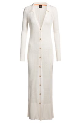 Long knitted cardigan with collar, White