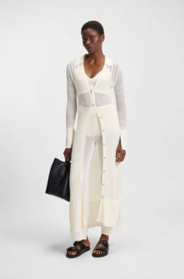 Long knitted cardigan with collar, White