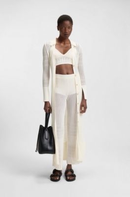 Knitted top in stretch fabric with mixed structures, White