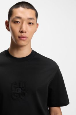 Camiseta de interlock de algod&oacute;n con logos apilados, Negro