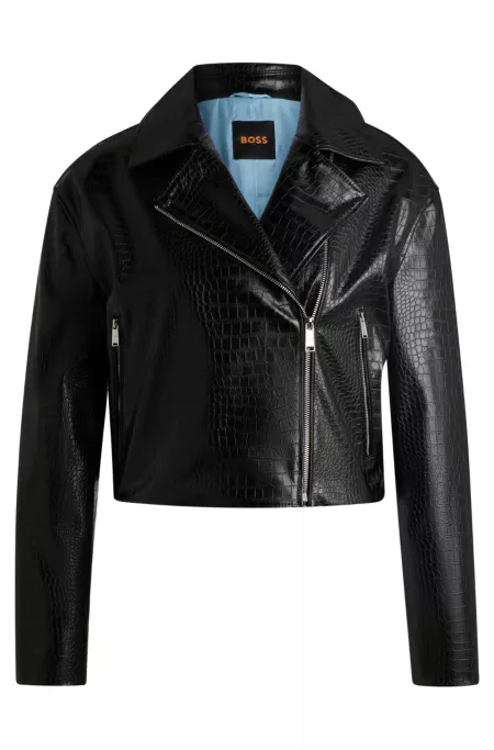 Crocodile-embossed biker jacket in faux leather