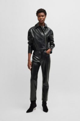 Crocodile-embossed biker jacket in faux leather, Black