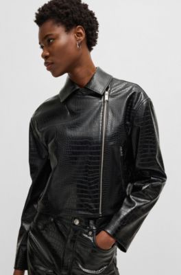 Crocodile-embossed biker jacket in faux leather, Black