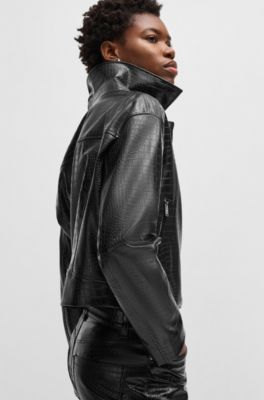Crocodile-embossed biker jacket in faux leather, Black