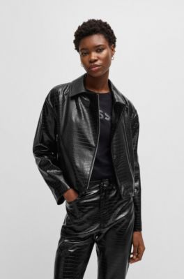 Crocodile-embossed biker jacket in faux leather, Black