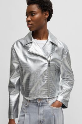 Faux-leather jacket with crocodile embossing, Silver