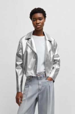 Faux-leather jacket with crocodile embossing, Silver