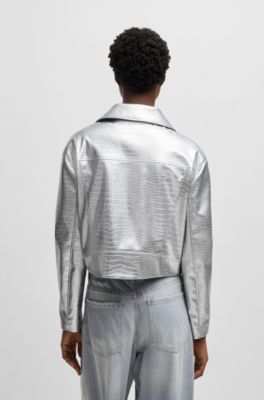 Faux-leather jacket with crocodile embossing, Silver
