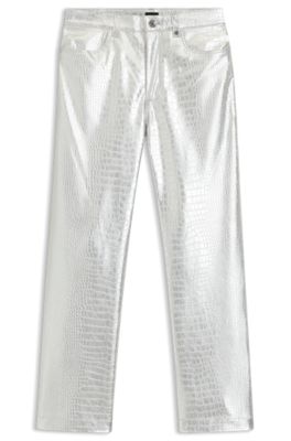 Pantalones de pernera recta en piel sint&eacute;tica con grabado de cocodrilo, Plata