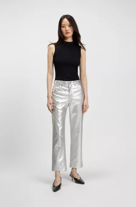 Straight-leg trousers in crocodile-embossed faux leather