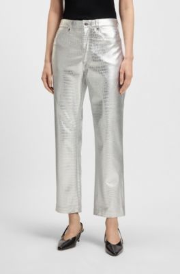 Straight-leg trousers in crocodile-embossed faux leather, Silver