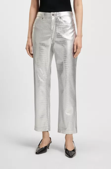 Straight-leg trousers in crocodile-embossed faux leather
