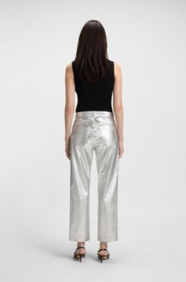 Pantalones de pernera recta en piel sint&eacute;tica con grabado de cocodrilo, Plata