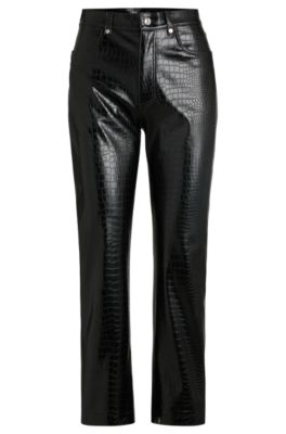 Pantalon Straight en similicuir emboss&eacute; fa&ccedil;on croco, Noir