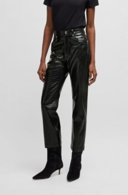 Pantalon Straight en similicuir emboss&eacute; fa&ccedil;on croco, Noir