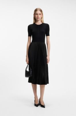 Mixed-material dress with pleated skirt, Black
