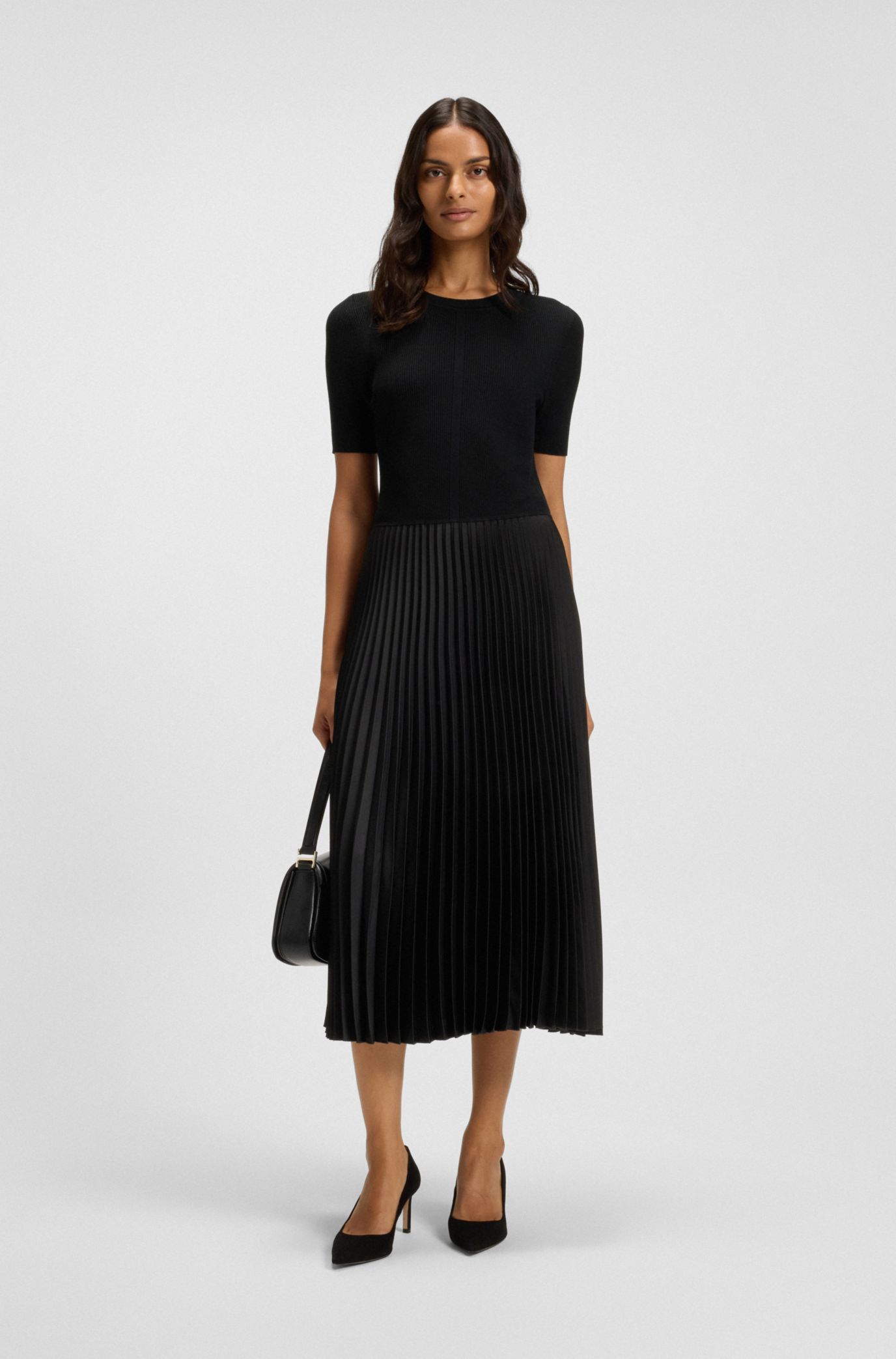 BOSS - Mixed-material dress with pleated skirt - Black