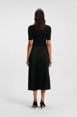 Mixed-material dress with pleated skirt, Black