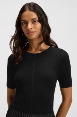 Mixed-material dress with pleated skirt, Black