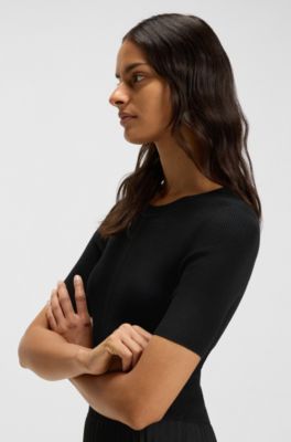 Mixed-material dress with pleated skirt, Black