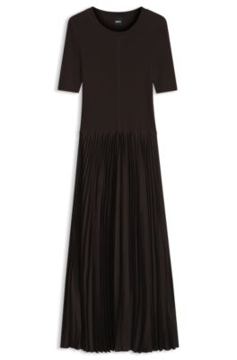 Vestido de mezcla de materiales con falda plisada, Marr&oacute;n