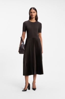 Mixed-material dress with pleated skirt, Brown