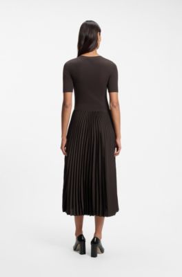 Mixed-material dress with pleated skirt, Brown